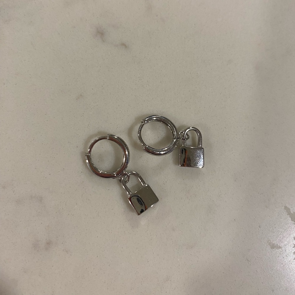 Silver Padlock Dangle Drop Earrings
